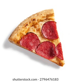 Overhead flat lay studio shot of a single slice of freshly baked pepperoni salami pizza, cleanly isolated on a pure white background with a soft shadow. The slice showcases a crispy golden crust, melted stringy mozzarella cheese, and spicy salami rounds on a rich tomato sauce base. Ideal for fast food restaurant menus, pizza delivery banners, promotional flyers, and culinary graphic design