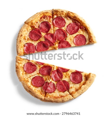 Overhead flat lay studio shot of two halves of a freshly baked, sliced pepperoni salami pizza, neatly arranged and cleanly isolated on a pure white background. The composition highlights the golden crispy crust, melted mozzarella cheese, and rich tomato sauce base with ample space between the pieces. Perfect for pizzeria promotional banners, fast food delivery ads, two-for-one deal marketing, and restaurant menus