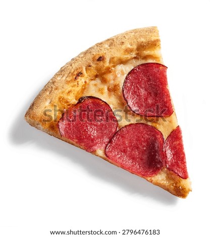 Overhead flat lay studio shot of a single slice of freshly baked pepperoni salami pizza, cleanly isolated on a pure white background with a soft shadow. The slice showcases a crispy golden crust, melted stringy mozzarella cheese, and spicy salami rounds on a rich tomato sauce base. Ideal for fast food restaurant menus, pizza delivery banners, promotional flyers, and culinary graphic design