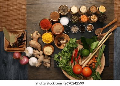 Overhead flat lay vibrant colourful spices herbs fresh produce vegetables legumes on wooden table spread splash smoking spice mix dark black slate metal clay pot palm leaf plate board copy text frame 