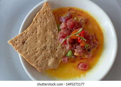 Overhead Fresh Seafood Ceviche Plate Served With Salted Cracker