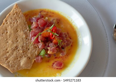 Overhead Fresh Seafood Ceviche Plate Served With Salted Cracker