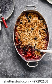 Overhead Of Fruit Crisp Topped With Crumbled Pistachio Nuts