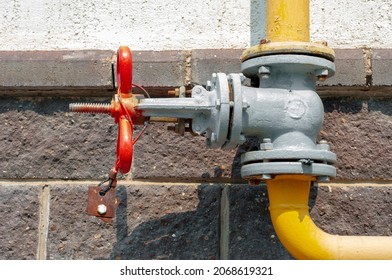 Overhead Gas Valve Or Gas Valve At A Residential Building Close-up.