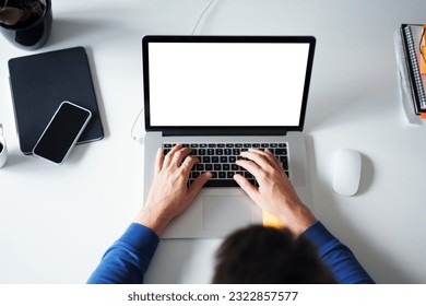 Overhead laptop mock-up of programmer typing on computer with empty blank screen
