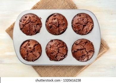 An overhead photo of chocolate chip muffins in a muffin tray, shot from above on a light background - Powered by Shutterstock