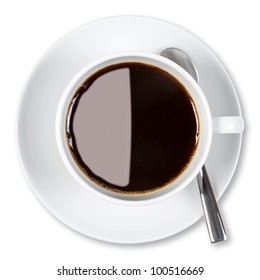 Overhead Photo Of A Cup Of Black Coffee, Isolated On A White Background With Clipping Path.