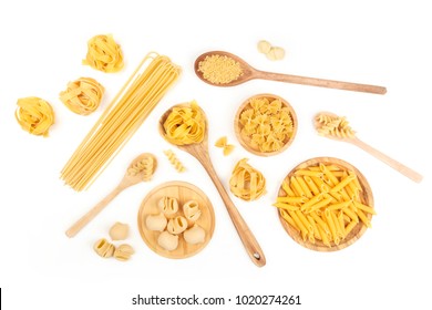 An overhead photo of different types of pasta, including spaghetti, penne, fusilli, and others, shot from above on a white background with a place for text - Powered by Shutterstock