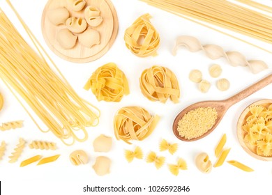 An Overhead Photo Of Different Types Of Pasta, Including Spaghetti, Penne, Fusilli, And Others, Shot From Above On A White Background With A Place For Text