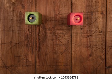 An Overhead Photo Of A Green And Red Candles, Symbols Of Wiccan Goddess And God, Shot From Above On A Dark Background With A Place For Text