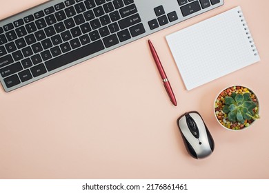 Overhead Photo Of Keyboard Pen Paper Flowerpot Computer Mouse