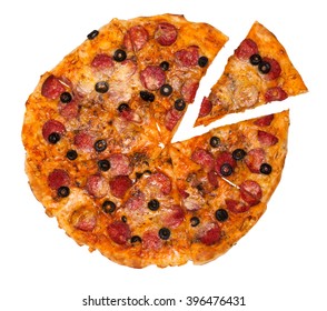Overhead Photo Of A Pepperoni Pizza Isolated On A White Background