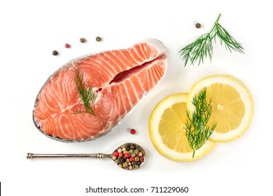 An Overhead Photo Of A Raw Salmon Steak With Dill, Lemons, And Peppercorns, Shot From Above On A White Background With A Place For Text