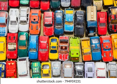 Overhead photograph of old toy cars