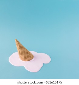 Overhead Pink Ice Cream On Pastel Blue Background. Minimalistic Summer Food Concept.