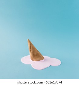 Overhead Pink Ice Cream On Pastel Blue Background. Minimalistic Summer Food Concept.