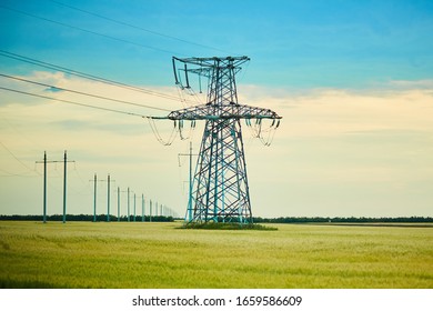 Overhead Power Line And Beautiful Landscape. 