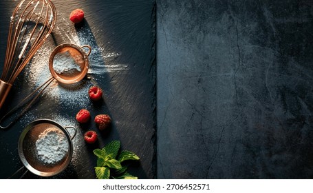 Overhead shot of baking essentials: copper whisk, sieves with flour, fresh raspberries, and mint on a dark slate and concrete background. Perfect for culinary projects.
