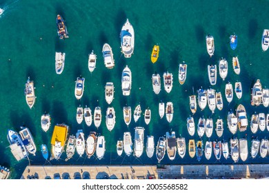 Overhead shot of boats mooring in the port of Rovinj, Croatia