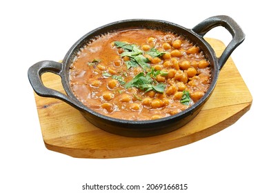 Overhead  Shot Of Chana Masala In Little Pan. Isolated On White With Clipping Path