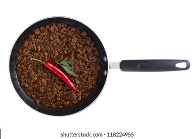 Overhead Shot Of Cooked Ground Beef On The Pan Isolated On A White Surface