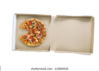 Overhead Shot Of A Delicious Pizza In Pizza Box Over White Surface.