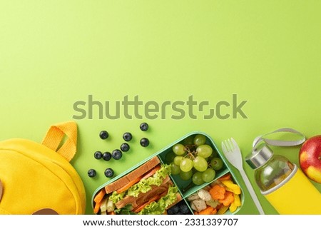 Overhead shot displays nourishing lunchbox idea for schools, comprising fresh fruits, vegetable sandwich, berries, water bottle, fork, backpack on light green backdrop with space for text or advert