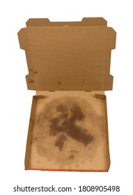 Overhead Shot Of An Empty Pizza  Box With Grease Stain In Bottom Of Box