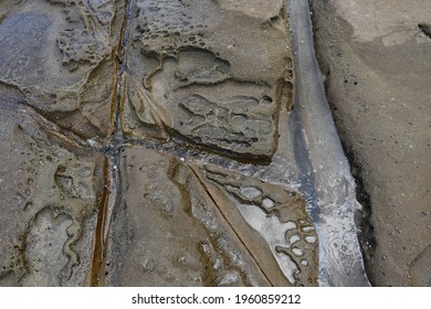 An Overhead Shot Of A Flat Rock Surface With Water Filling Its Cracks And Pits At The Sea Cliff Bridge Area In Australia