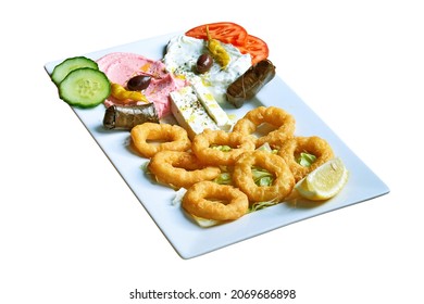 Overhead  Shot Of Greek Mezze On Plate. Isolated On White With Clipping Path