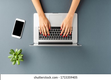 Overhead shot of woman’s hands working on laptop on gray table with smart phone and green flower. Office desktop. Flat lay