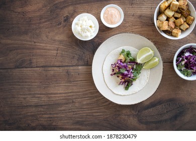 Overhead Shot Of Healthy Tofu Tacos With Cabbage Slaw