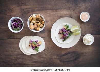 Overhead Shot Of Healthy Tofu Tacos With Cabbage Slaw