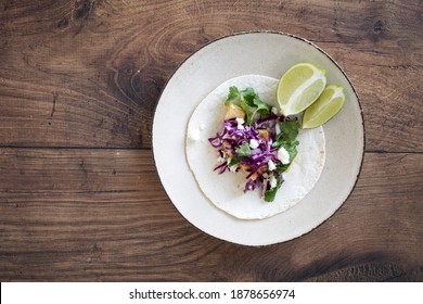 Overhead Shot Of Healthy Tofu Tacos With Cabbage Slaw