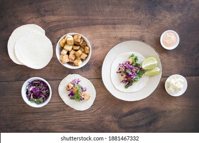 Overhead Shot Of Healthy Tofu Tacos With Cabbage Slaw