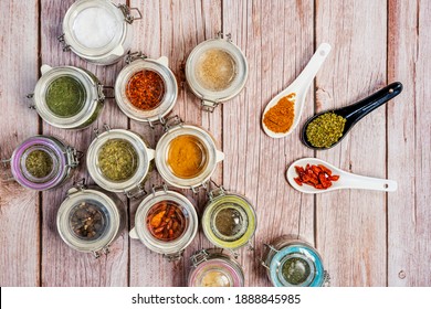 Overhead Shot Of Jars Of Assorted Spices