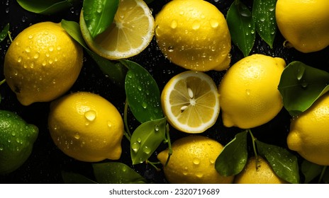 Overhead Shot of Lemons with visible Water Drops. Close up.
