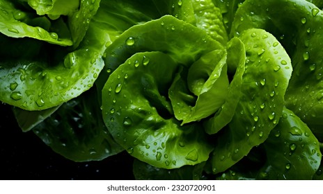 Overhead Shot of Lettuce with visible Water Drops. Close up.
					