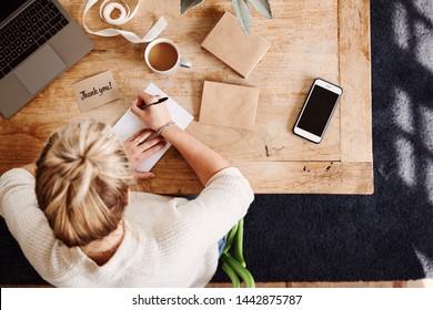 Overhead Shot Looking Down On Woman Writing In Generic Thank You Card - Shutterstock ID 1442875787