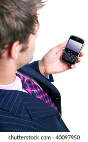 Overhead Shot Of A Man Using A Mobile Phone Organiser, Screen Has A Clipping Path To Add Your Own Message Or Image. The Device Has Been Significantly Altered From The Original Product.