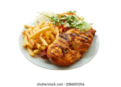 Overhead  Shot Of Piri Piri Chicken On White Plate. Isolated On White With Clipping Path