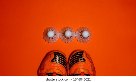 Overhead Shot Of Some Orange Shoes, With Three Badminton Shuttlecocks. Copy Space
