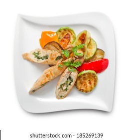 Overhead Shot Of Stuffed Turkey Breast, Grilled And Sliced With Grilled Vegetable. See More Food Files