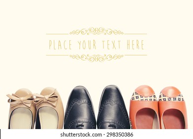 Overhead Shot Of Three Pairs Of Shoes Tips In Vintage Style With Copyspace