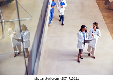 Overhead Shot Of Two Female Medical Staff In White Coats Discussing Patient Scan In Busy Hospital