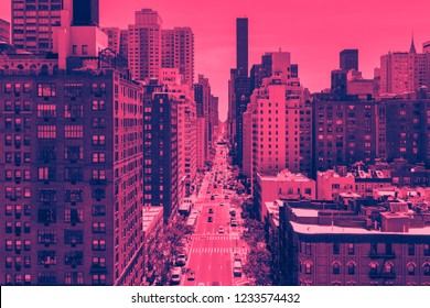 Overhead Street View Of First Avenue In Manhattan New York City With Pink And Blue Color Effect