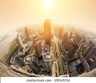 Overhead Of The Sunset Over The City