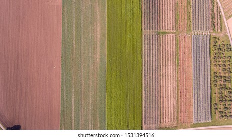 Overhead Top Down Drone Shot Of A L Ploughed Field. The Farm Field And Crops Form Stripes Across Terrain.