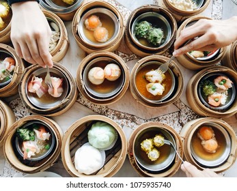 Overhead Top View Dim Sum In Chinese Bamboo Steamer.