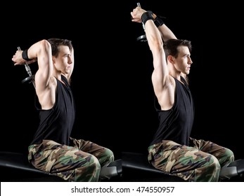 Overhead Triceps Press Exercise. Studio Shot Over Black.